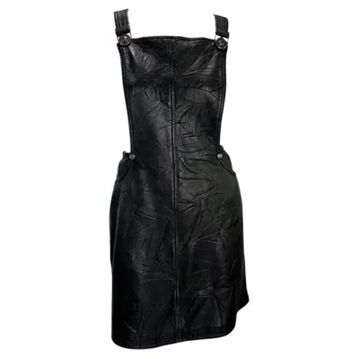 Pre-owned Versace F/w 1994 Gianni  Black Wrinkled Leather Medusa Overall Mini Dress It42