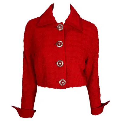 Pre-owned Versace F/w 1994 Gianni  Couture Red Bouclé Tweed Cropped Medusa Jacket