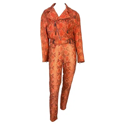 Pre-owned Versace F/w 1994 Gianni  Orange Red Faux Snakeskin Medusa Biker Jacket Pant Set