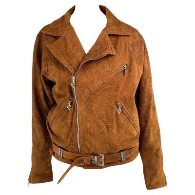 Pre-owned Versace F/w 1994 Gianni  Python Print Brown Suede Medusa Zip Biker Jacket It42