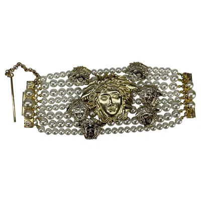 Pre-owned Versace F/w 1994 Gianni  Runway Medusa Costume Pearl Gold Bracelet In Multi