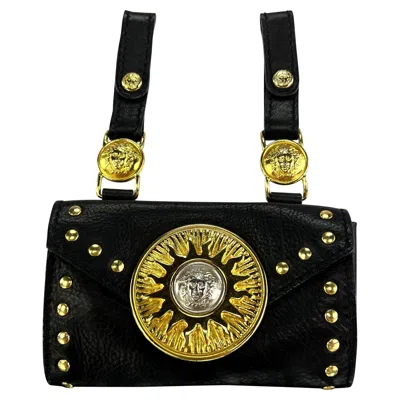 Pre-owned Versace F/w 1994 Gianni  Studded Leather Silver Medusa Medallion Mini Belt Bag In Black