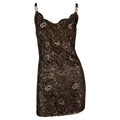 Pre-owned Versace F/w 1996 Gianni  Couture Metallic Brown Floral Lace Medusa Mini Dress
