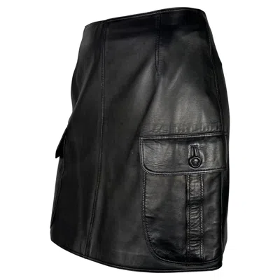 Pre-owned Versace F/w 1996 Gianni  Runway Black Leather Medusa Pocket Mini Skirt