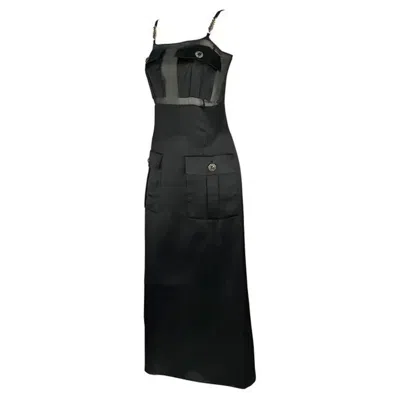 Pre-owned Versace F/w 1996 Gianni  Runway Black Sheer Satin Rhinestone Medusa Pocket Gown