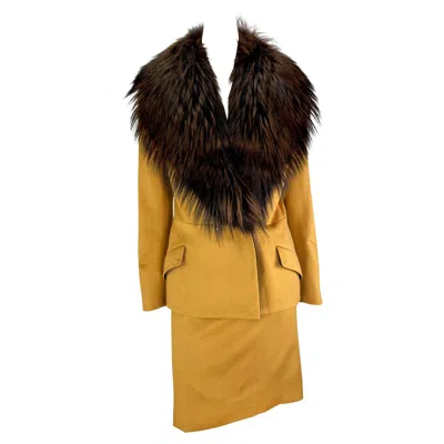 Pre-owned Versace F/w 1997 Gianni  Couture Mustard Fox Fur Trim Wool Skirt Suit 42it/8us In Yellow