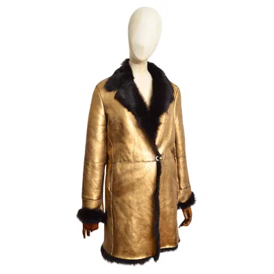Pre-owned Versace F/w 2000 Donatella  Gold Metallic Lam� Shearling Sheepskin Coat In Brown