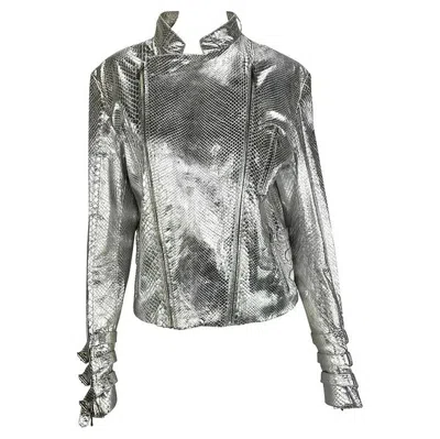 Pre-owned Versace F/w 2000 Gianni  By Donatella Mens Runway Silver Python Moto Zip Jacket