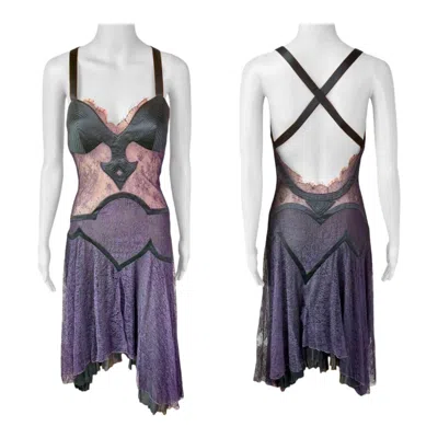 Pre-owned Versace F/w 2003 Runway Bustier Bra Sheer Lace Open Back Dress In Gray