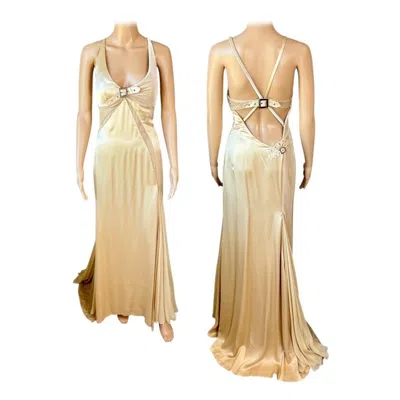 Pre-owned Versace F/w 2004 Campaign Sheer Panels Buckle Detail Evening Dress Gown In Sand