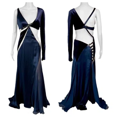 Pre-owned Versace F/w 2004 Runway Cutout Sheer Panels Buckle Detail Evening Dress Gown In Black