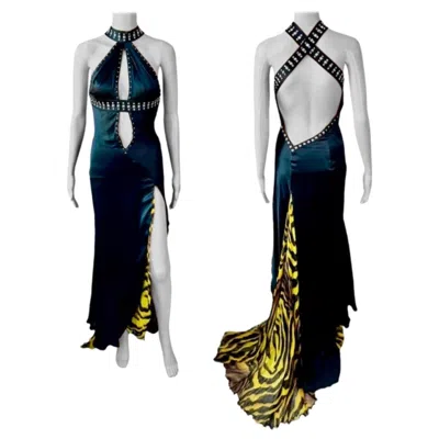 Pre-owned Versace F/w 2004 Runway Studded Plunging Keyhole Neckline Evening Dress Gown In Black