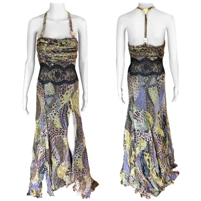 Pre-owned Versace F/w 2005 Animal Print Sheer Lace Panel Open Back Evening Dress Gown In Gray