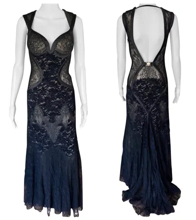 Pre-owned Versace F/w 2005 Runway Bustier Sheer Lace Open Back Black Evening Dress Gown