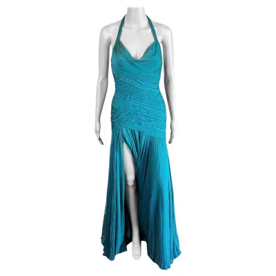 Pre-owned Versace F/w 2005 Runway Campaign Halter High Slit Slip Evening Dress Gown In Blue