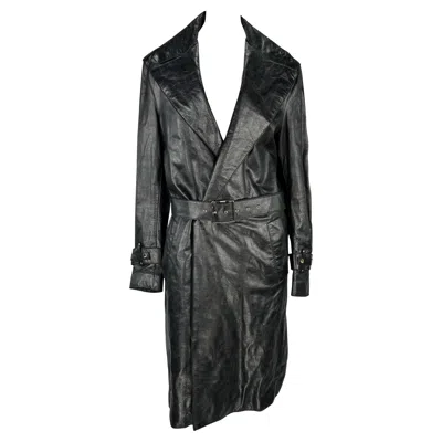 Pre-owned Versace F/w 2005  By Donatella Mens Runway Leather Raw Edge Belted Trench Coat In Black