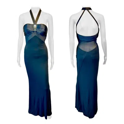 Pre-owned Versace F/w 2006 Halter Cutout Sheer Panels Bodycon Black Evening Dress Gown