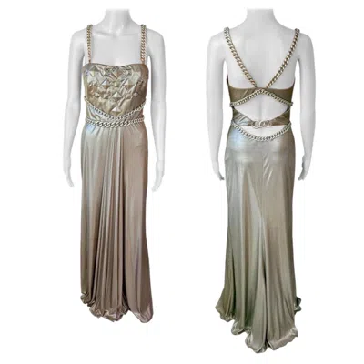 Pre-owned Versace F/w 2007 Runway Campaign Chains Liquid Look Metallic Evening Dress Gown In Gray