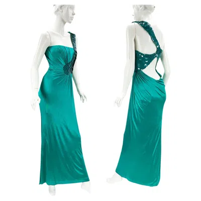 Pre-owned Versace F/w 2009 Teal Jersey Stretch Gown Fish Scale Sequin Detailing 42 - Us 8 In Green