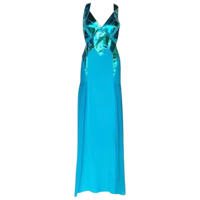 Pre-owned Versace F/w 2010 Look#38 Vintage  Turquoise Silk Gown With Mirrored Leather 44 In Blue