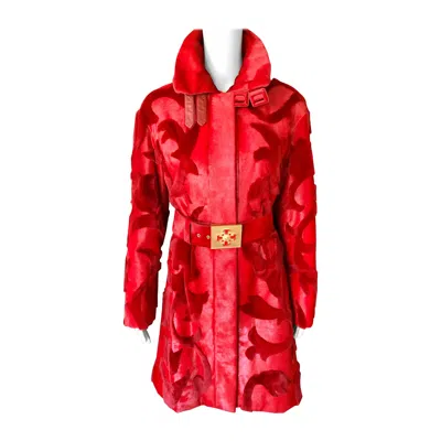 Pre-owned Versace F/w 2011 Runway Mink Fur And Leather Belted Knee-length Red Jacket Coat