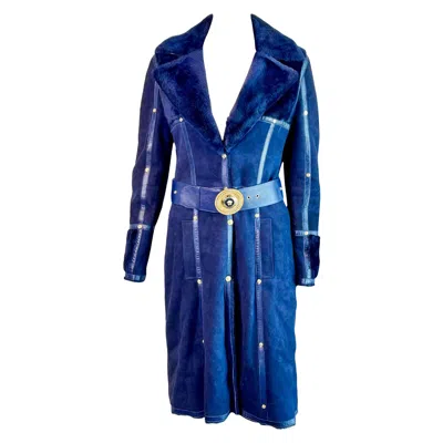 Pre-owned Versace F/w 2011 Shearling Leather Medusa Logo Belted Knee-length Jacket Coat In Purple