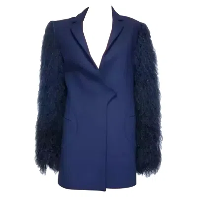 Pre-owned Versace F/w 2012 Look # 13 Versus  Dark Blue Coat Jacket W/ Lama Sleeves