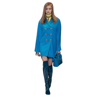 Pre-owned Versace F/w 2014 Look #14  Carrebian Blue Wool Cashmere Coat 38 - 4