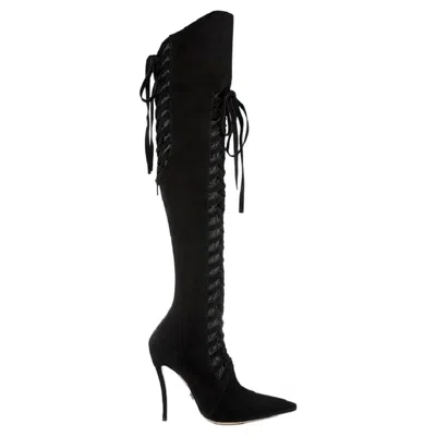 Pre-owned Versace F/w 2014 Look # 27 New  Black Suede Over The Knee Boots 38 - 8