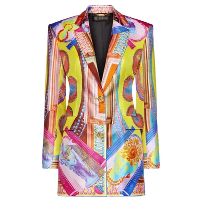 Pre-owned Versace F/w 2019  Runway Vittoria Printed Silk Multicolor Blazer In Sand