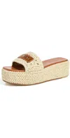 Versace Logo-embellished Raffia Platform Slides In Neutral