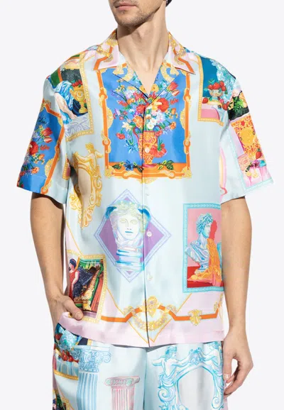 Versace Gallery Print Silk Bowling Shirt In Multicolor
