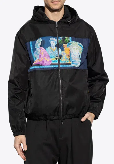 Versace Gallery Print Zip-up Hoodie In Black