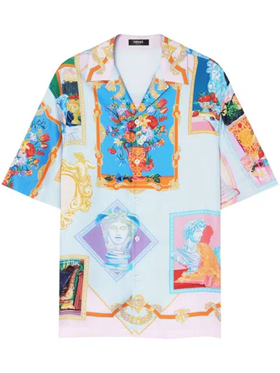 Versace Multicolored Silk Twill Short-sleeved Shirt With Artistic Motifs