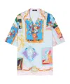Versace Multicolored Silk Twill Short-sleeved Shirt With Artistic Motifs In Blue