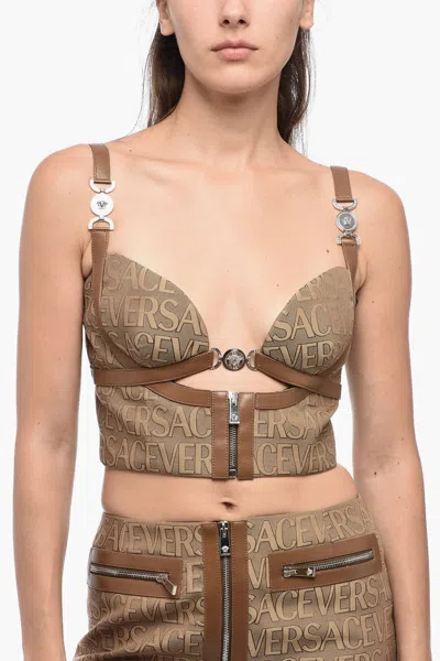 Versace Garden Monogram Patterned Crop Top With Clip Closure In Brown
