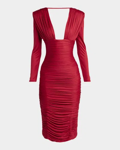 Versace Gathered Long-sleeve Midi Dress In Burgundy