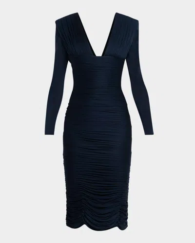 Versace Gathered Long-sleeve Midi Dress In Blue