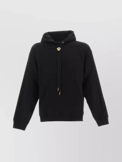 Versace Gauzed Fleece Hooded Sweater In Black