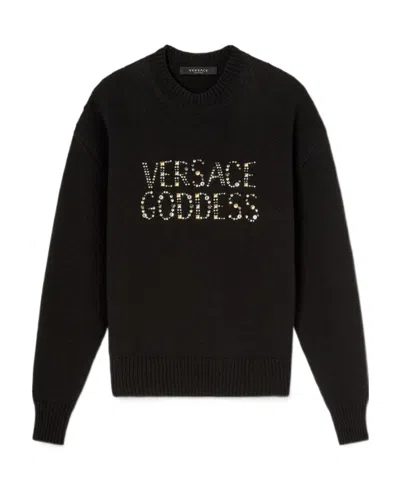 Versace Gem-embellishment Logo Knit Sweater In Black