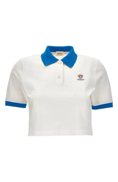 Versace Gender Inclusive Embroidered Medusa Cotton Piqué Crop Polo In White