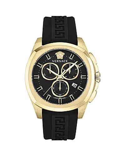 Versace Men's Swiss Chronograph Geo Black Silicone Strap Watch 43mm In Ip Yellow Gold