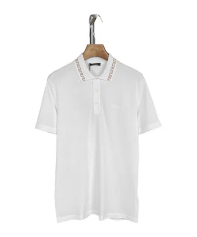 Versace Geometric Border Collar Polo Shirt In White