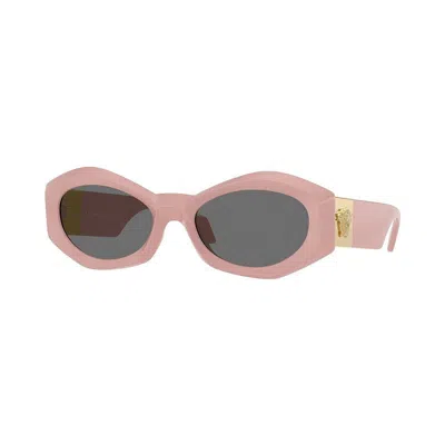 VERSACE GEOMETRIC FULL RIM, WITH A PINK FRAME AND GREY LENS.