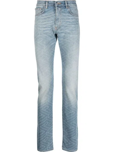 Versace Geometric-print Washed Jeans In Blue