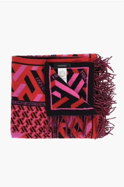 Versace Geometrically Patterned Wool And Cashmere Blanket With Fring