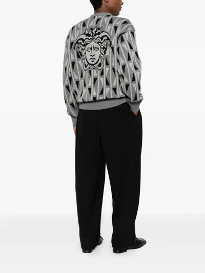 Versace Jacquard Wool And Cashmere Cardigan In Gray