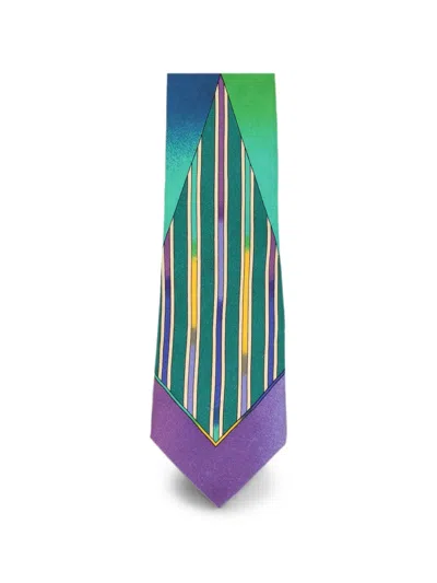 Pre-owned Versace Geometric-print Striped Tie In Green