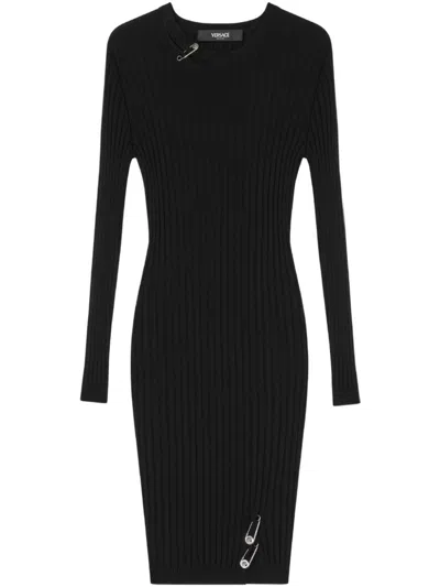 Versace Safety-pin Slit Vanise Knit Mini Dress In Black