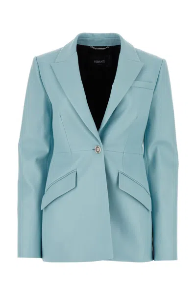 Versace Leather Single Breast Jacket In Blue